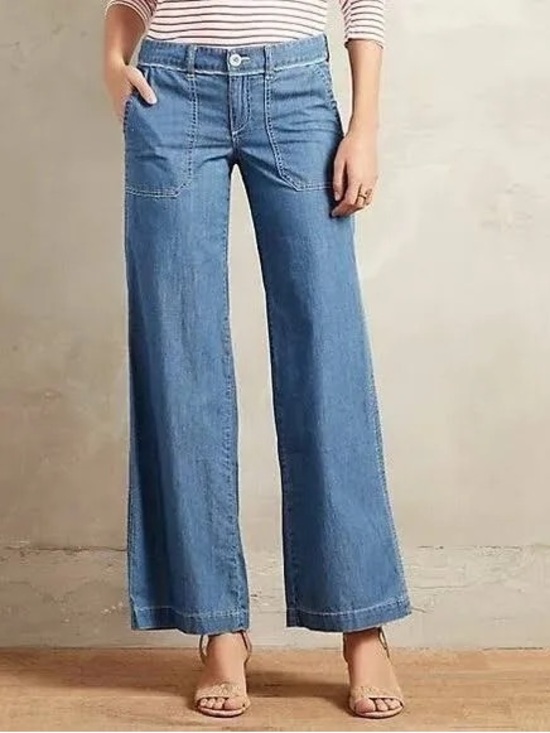 Pilcro and the Letterpress Pants - Pilcro Anthropologie Wide Leg Chambray Jeans Patch Pocket Blue Size 10